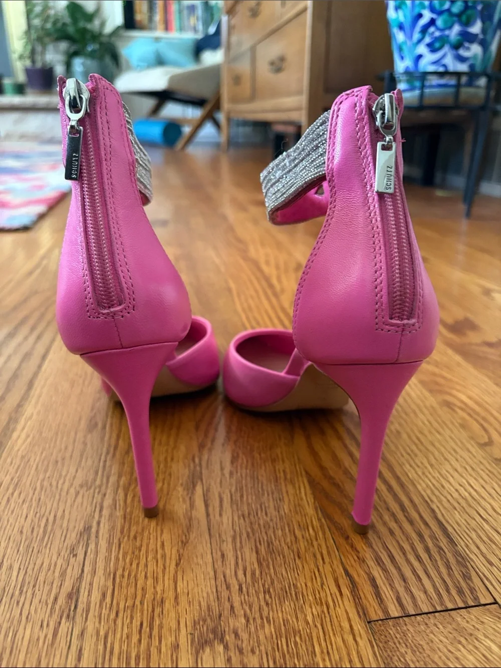 Schutz Linara Hot Pink Crystal Wrap Ankle-Strap Pointed-Toe Heels Size 7B